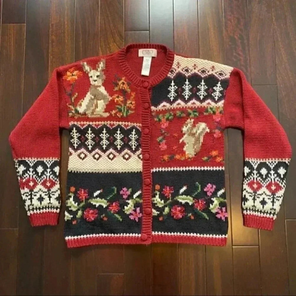 Vintage  Cleo Cardigan Animal Embroidered Grandma Sweater Red Blue Size Medium - Picture 16 of 16